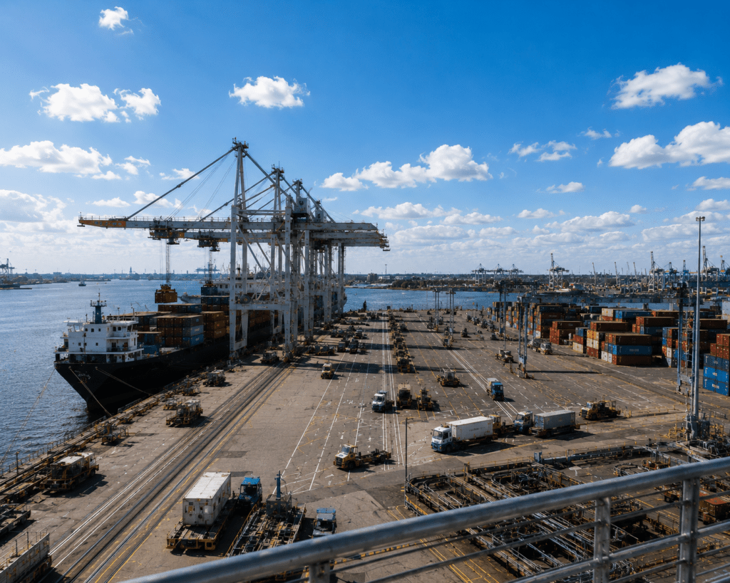 Symbolbild eines Containerterminals mit Containerbrücken und Containerschiff